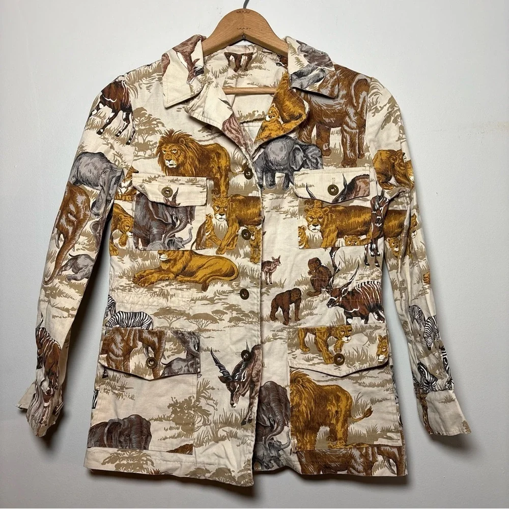 Vintage 1970s Militaires Equipment Safari Animal Print Cotton Utility Jacket